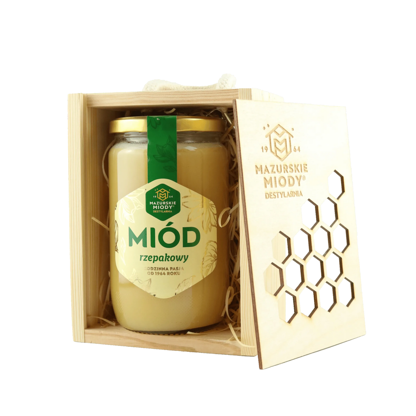 Miód rzepakowy w drewnianej skrzynce