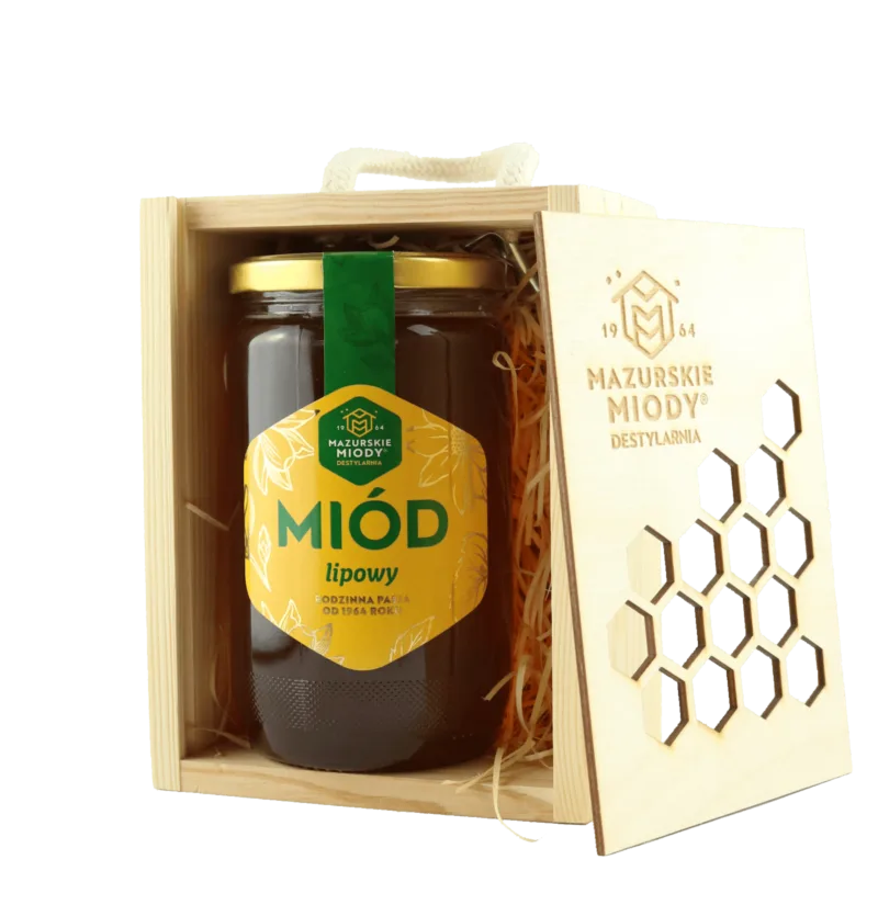 Miód lipowy w drewnianej skrzynce